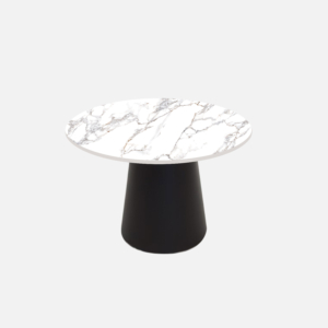 Ronde salontafel met kegelvormig onderstel en keramisch wit blad