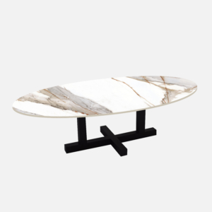 Keramische ovale salontafel met staal onderstel