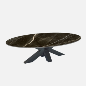 Ovale salontafel met zwart keramiek blad en witte ader