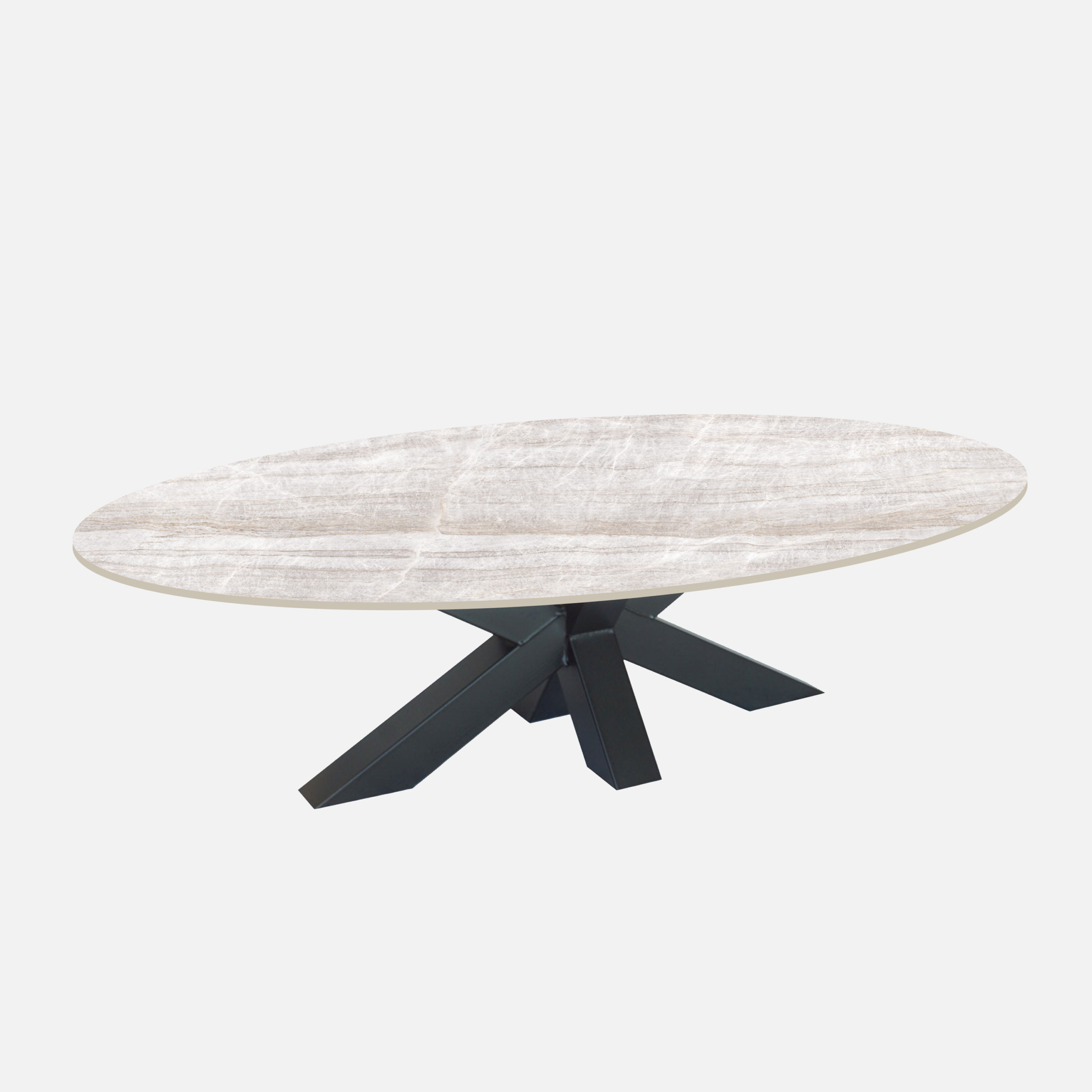 Ovale keramische salontafel met kruispoot onderstel en beige blad Taj Mahal